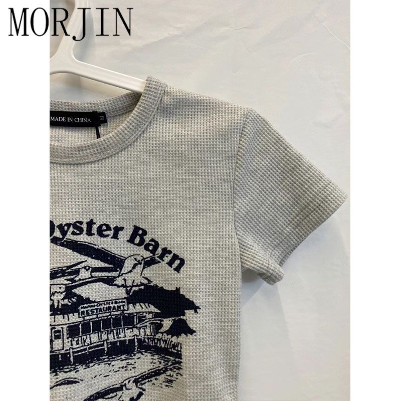 MORJIN waffle shoulder short-sleeved t-shirt women's summer design sense niche print T-shirt sweet cool short top