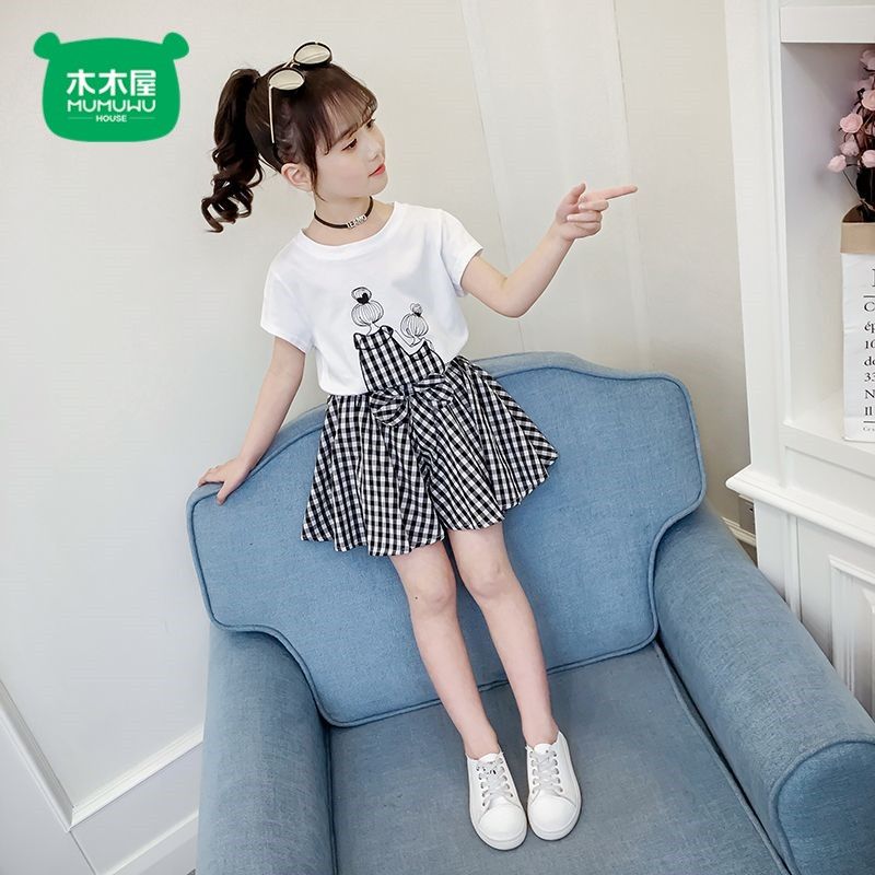  女童套裝2023夏季中大童新款小女孩短袖T恤半身裙子兩件套