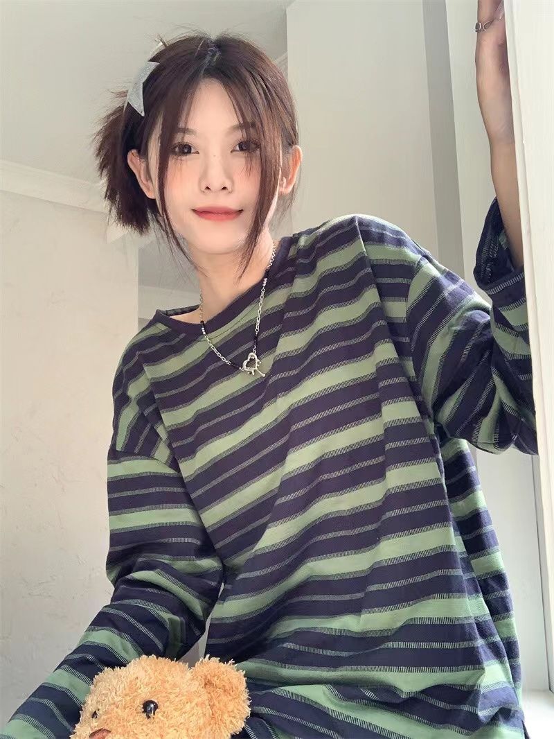 慵懶風寬鬆休閒撞色條紋T恤女學生2023春季圓領打底衫長袖上衣潮