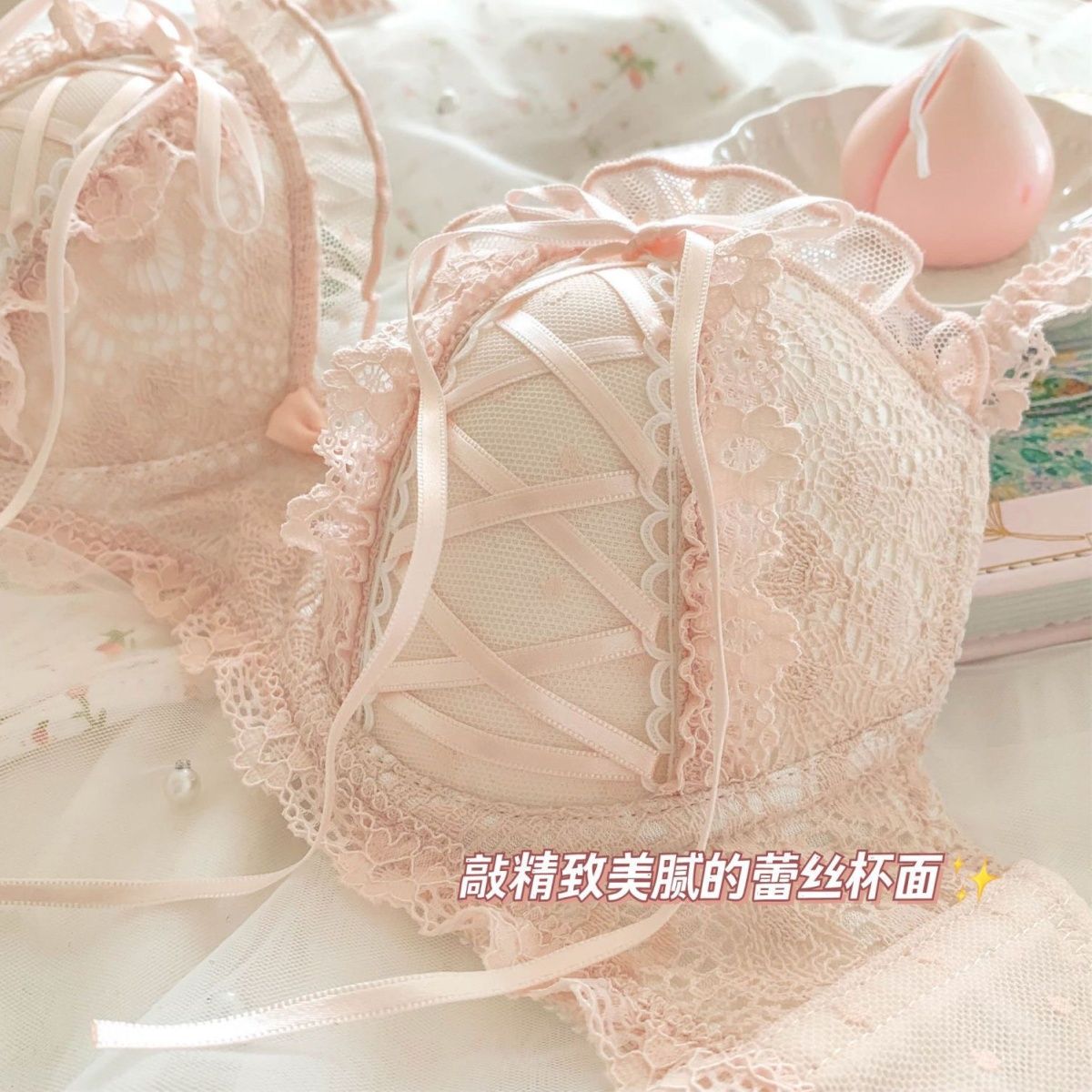 Sweet thin section bra without rims anti-sagging adjustment small chest sexy lace push-up underwear women's suit