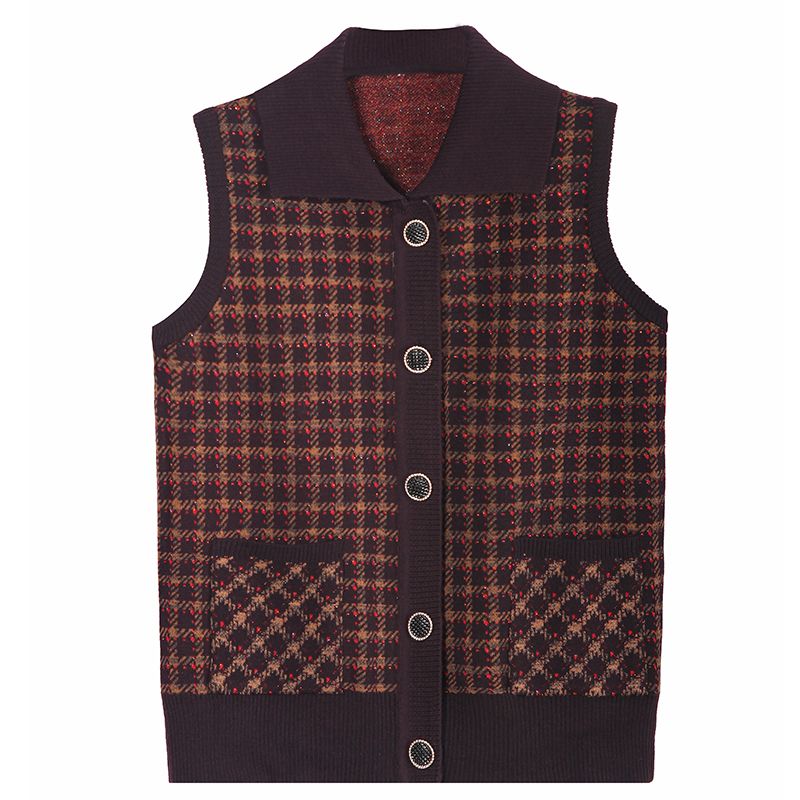 New style elderly lapel sweater vest middle-aged grandma dress spring and autumn plaid cardigan knitted vest vest