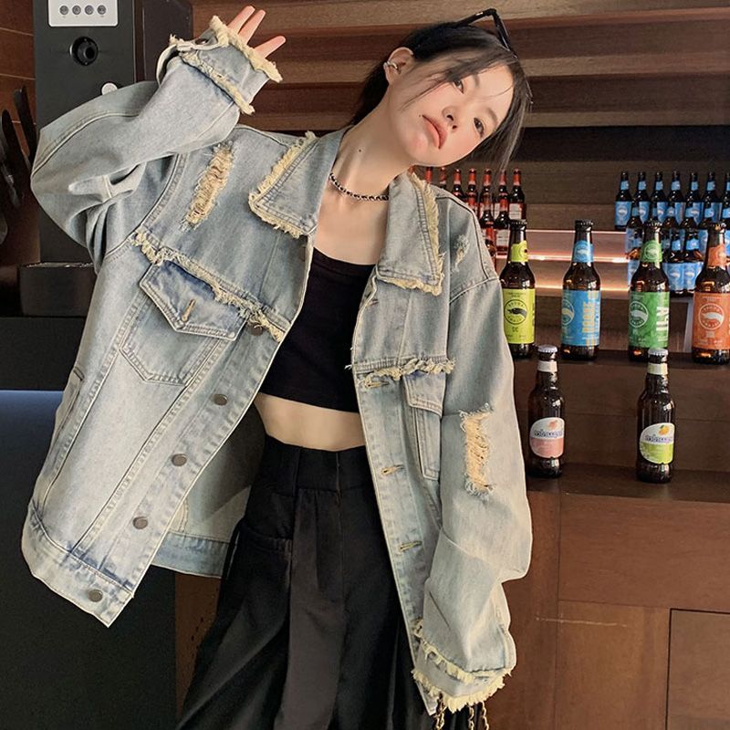 Retro raw edge distressed ripped denim jacket for women spring and autumn loose casual all-match work jacket top trendy ins