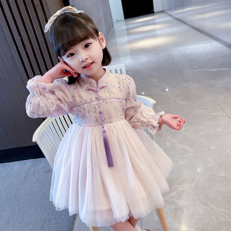 女童連衣裙春秋2023新款女寶寶洋氣中國風唐裝兒童裝春裝漢服裙子