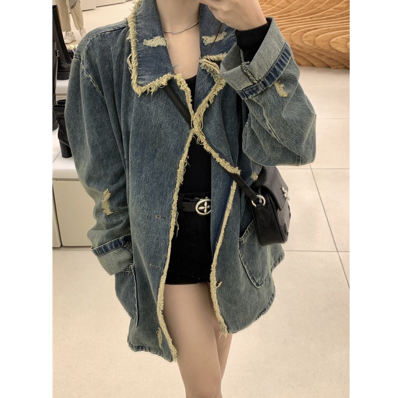 Design sense personalized fried street tassel long-sleeved denim jacket female spring and autumn sweet cool hot girl jacket top ins tide