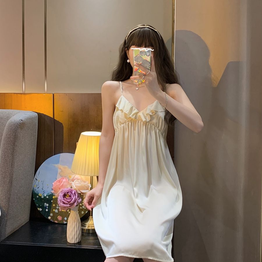 summer sexy pure desire style V-neck suspender nightdress female ins sweet lotus leaf edge loose large size home pajamas
