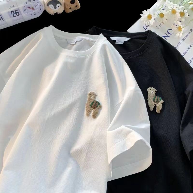 100%純棉小羊刺繡t恤男女校園慵懶風百搭寬鬆潮流情侶五分袖上衣