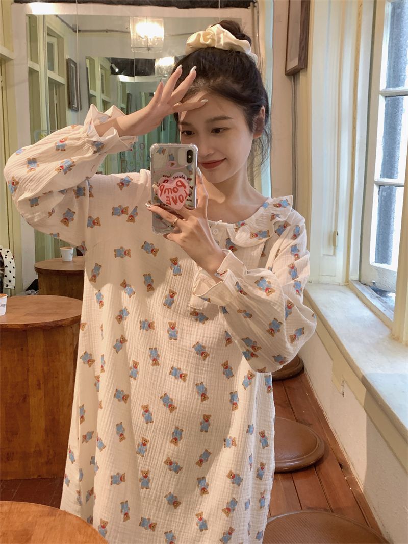 Baby cotton feeling spring and summer long-sleeved nightdress women's loose over-the-knee long skirt summer thin pajamas skirt round neck home service