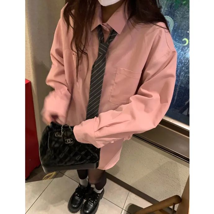 粉色襯衫韓版寬鬆2023春季新款疊穿藍色襯衣女學生ins長袖上衣女
