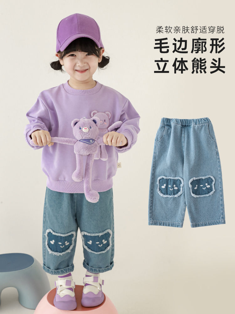 女童牛仔褲春季2023新款兒童休閒褲子寶寶卡通貼布卡小熊直筒長褲