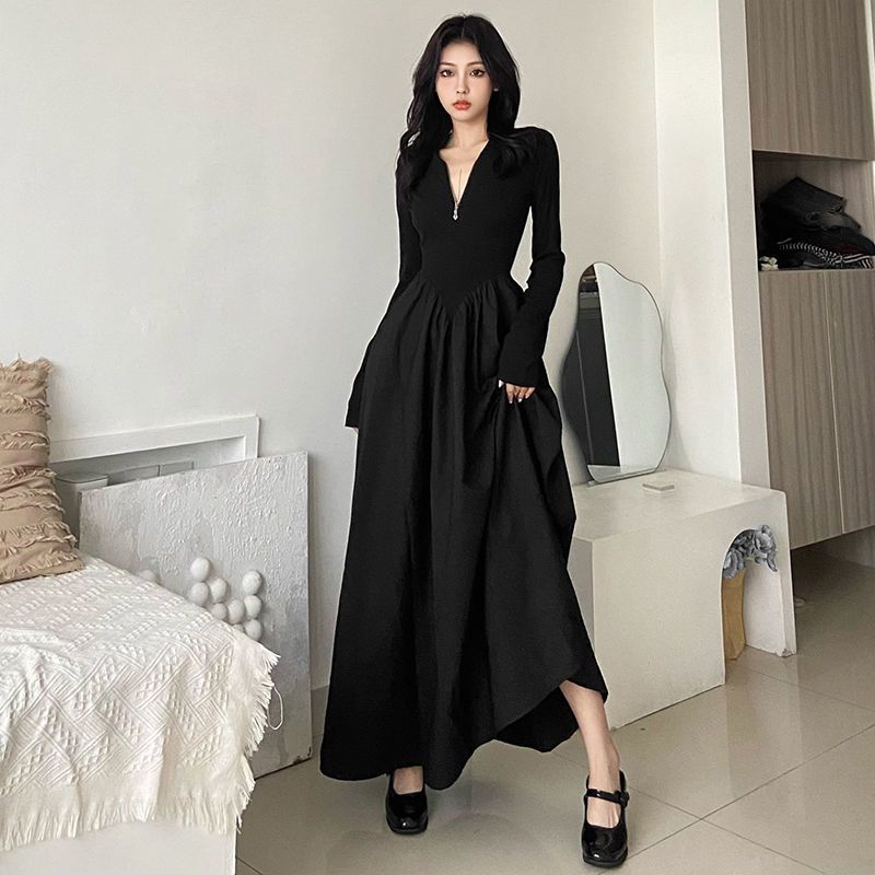 Sancokis dark simple casual all-match slim mid-length skirt temperament age-reducing loose meat-covering dress female