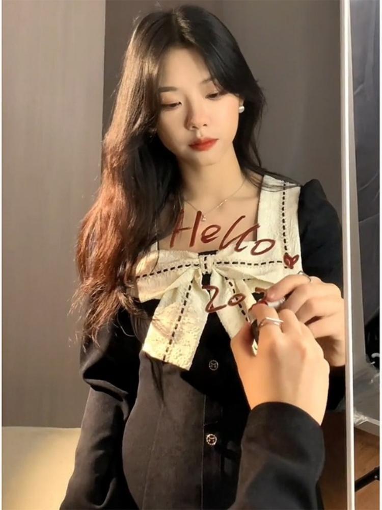 小香千金氣質小黑裙春秋大碼顯瘦胖mm新款裙子蝴蝶結方領連衣裙女