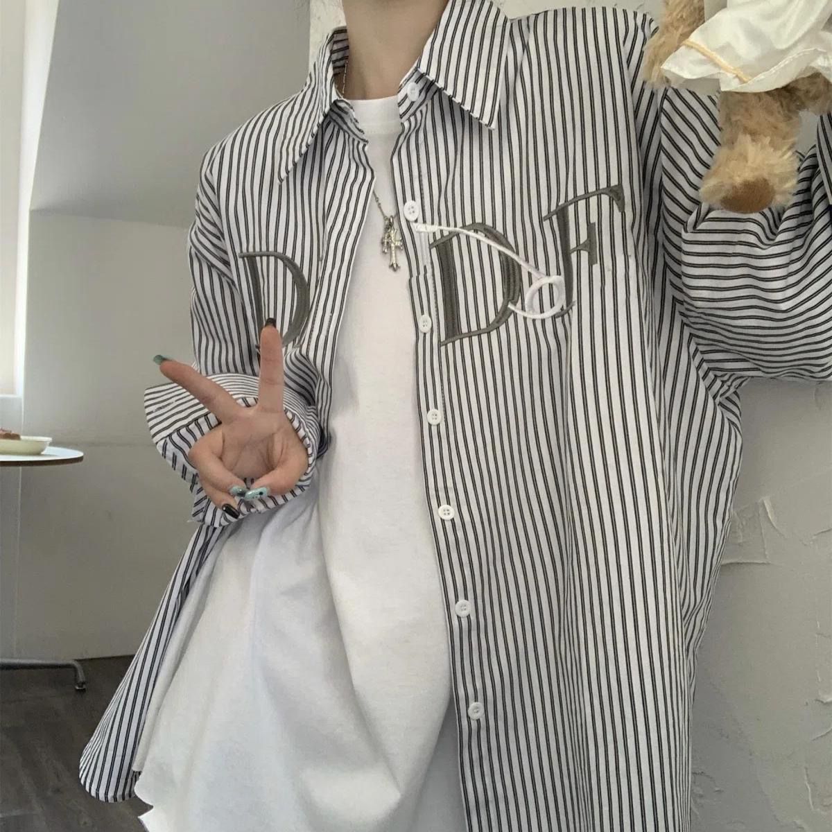 港味韓系條紋長袖襯衫外套女秋季中長款寬鬆襯衣慵懶風防曬衫上衣