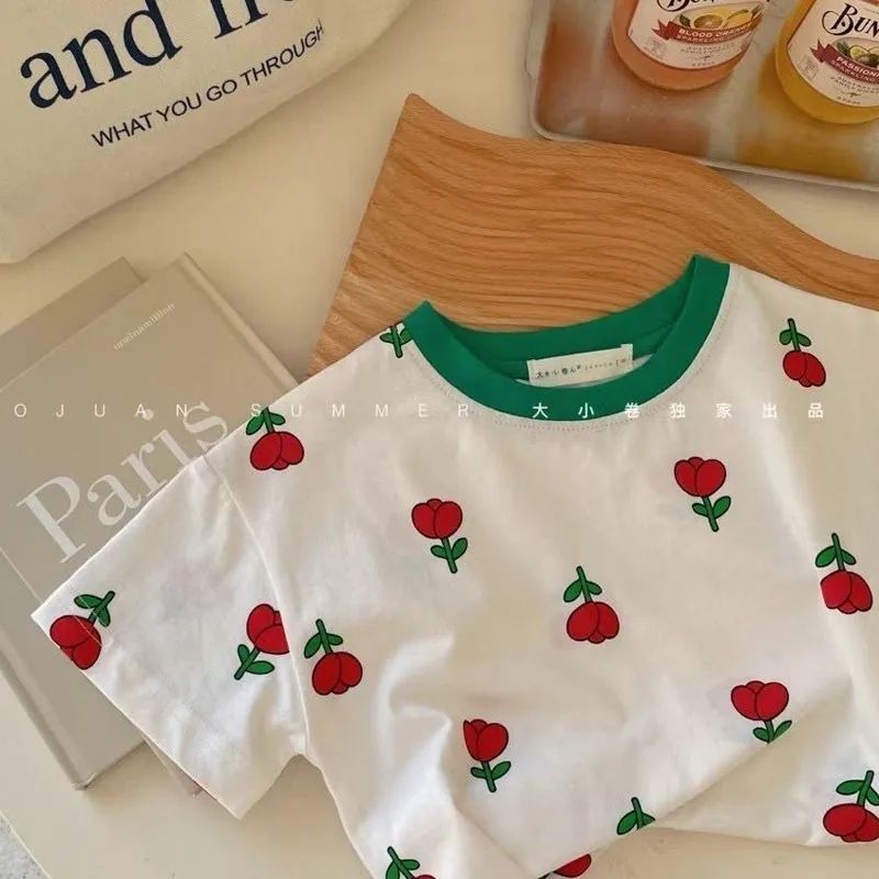 100% cotton boys and girls short-sleeved t-shirt children's clothing summer new baby floral printing little girl children's tops