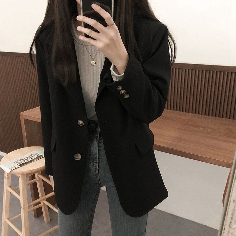 Black suit jacket female small man  spring and autumn new high-end design sense casual short small suit jacket