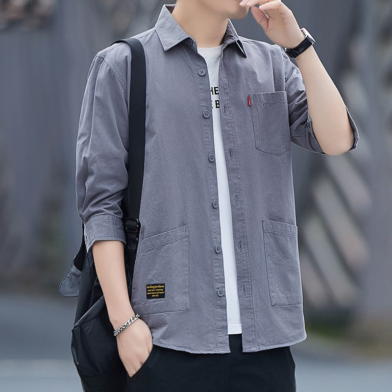 100%纯棉宽松版夏季七分袖衬衫男士港风短袖衬衣韩版工装外套