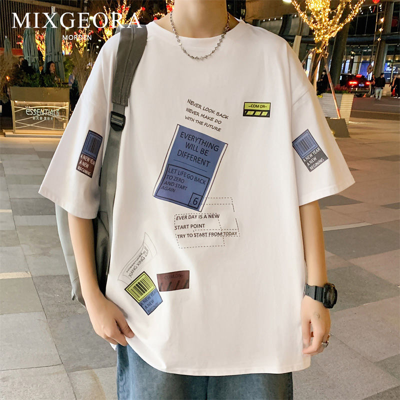 MIXGEORA歐美100%純棉短袖T恤情侶寬鬆潮流帥氣時尚休閒圓領上衣