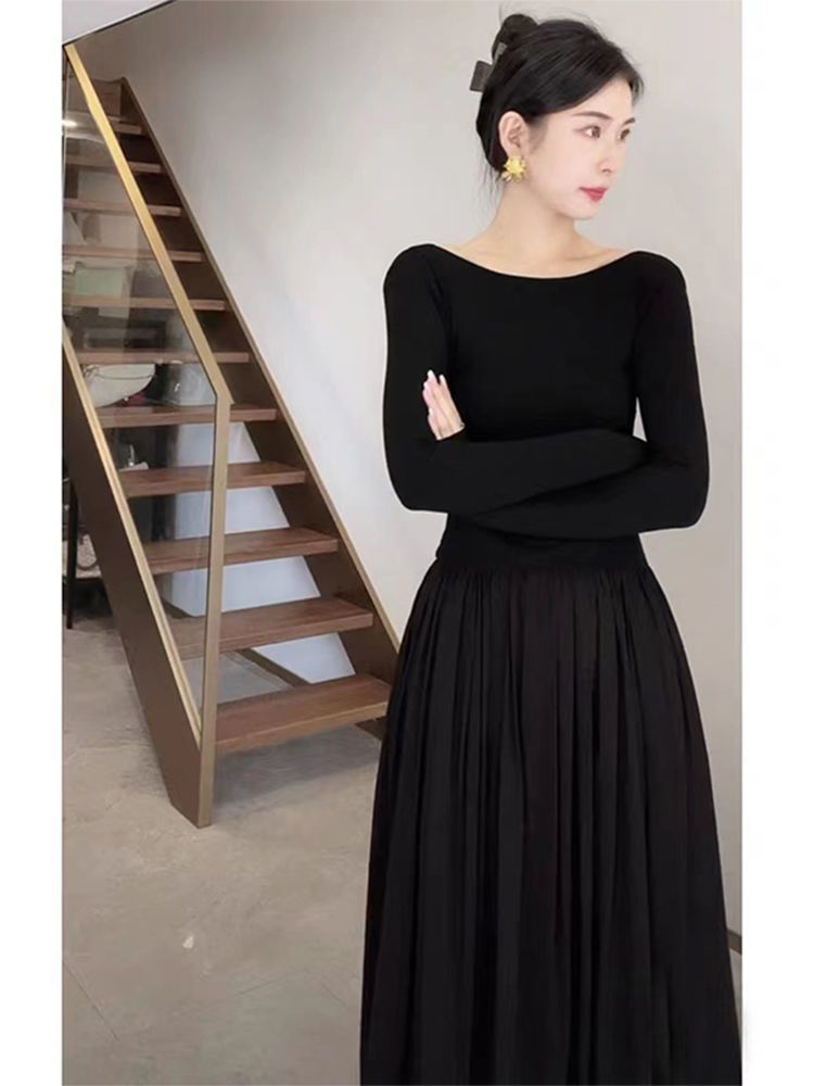 Autumn and winter long-sleeved waist new bottoming dress extra long slim fit high-end knitted long dress