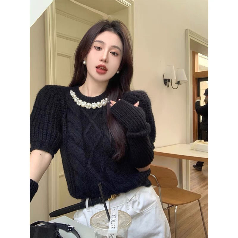 黑色泡泡袖毛衣女設計感小眾春季袖套辣妹內搭修身短款針織衫上衣