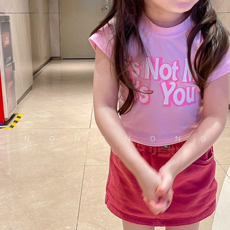 ins夏韩版童装女童T恤短袖纯棉小女孩短裙粉色撞色上衣洋气套装潮