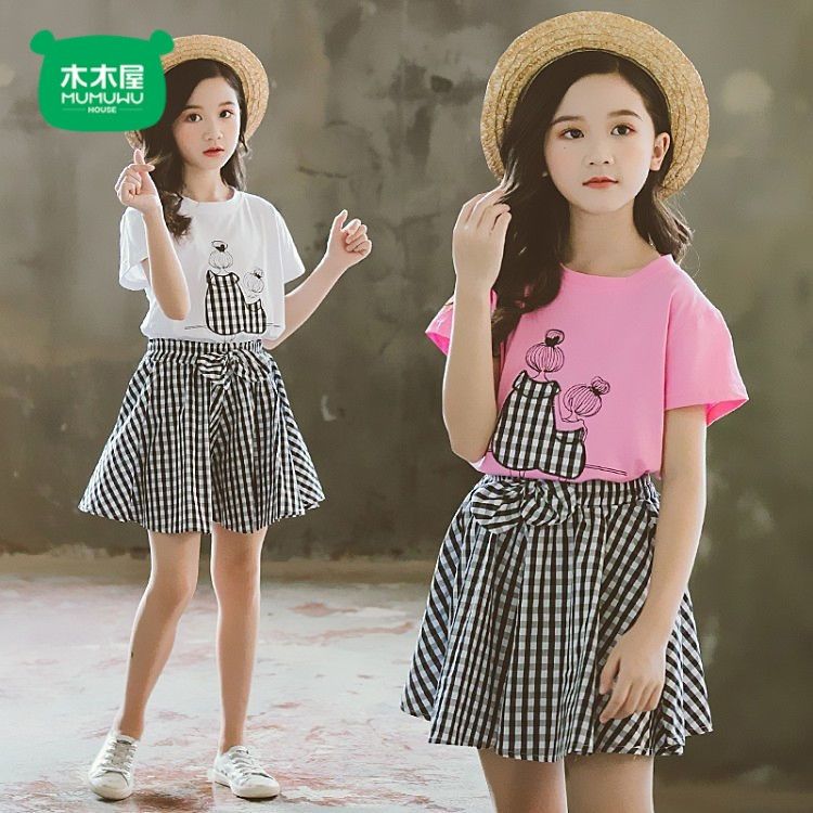 木木屋 新款短袖女童连衣裙夏季小女孩半身裙子套装洋气两件套裙