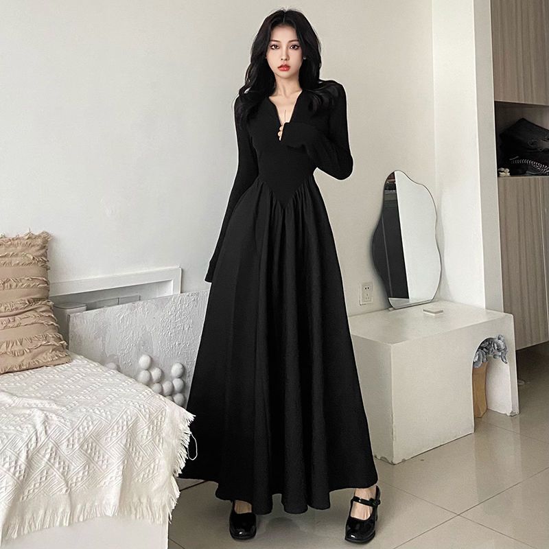 Sancokis dark simple casual all-match slim mid-length skirt temperament age-reducing loose meat-covering dress female