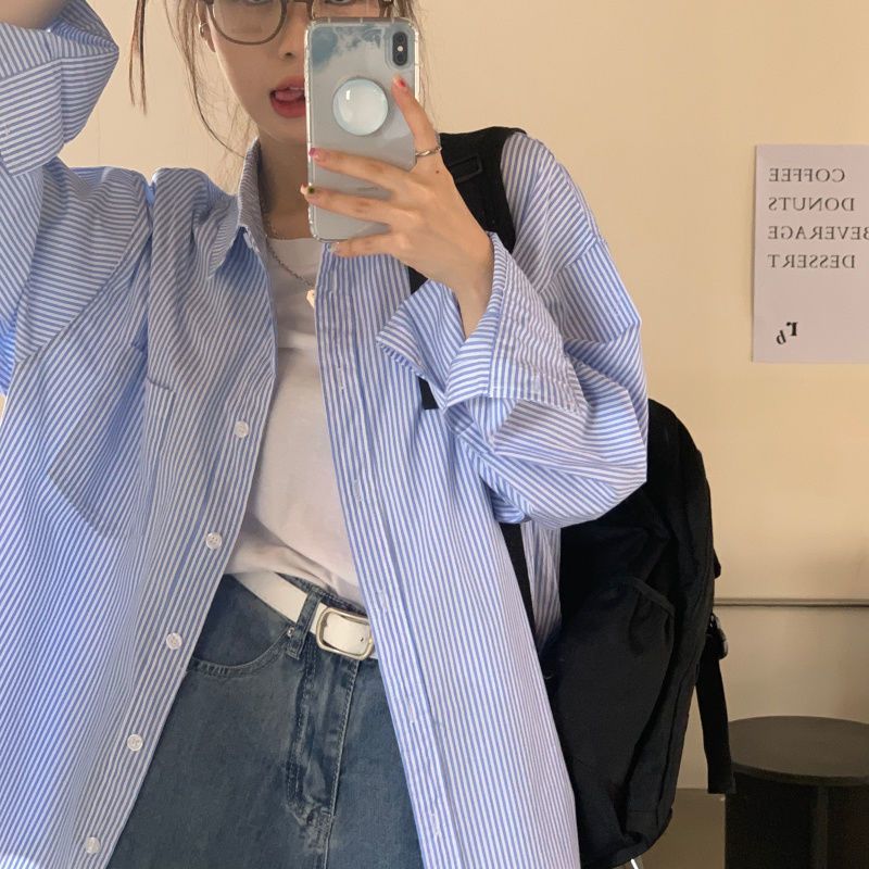 條紋長袖襯衫女春秋裝新款慵懶寬鬆BF風寬鬆中長款條紋百搭外套女