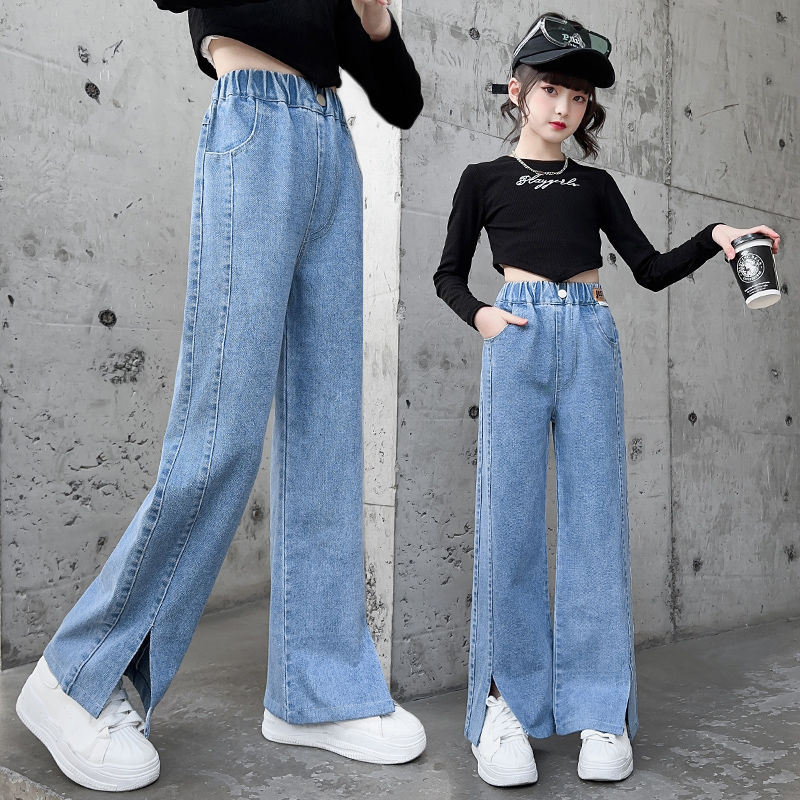 女童闊腿褲春秋2023新款兒童寬鬆休閒牛仔褲時髦中大童開叉直筒褲