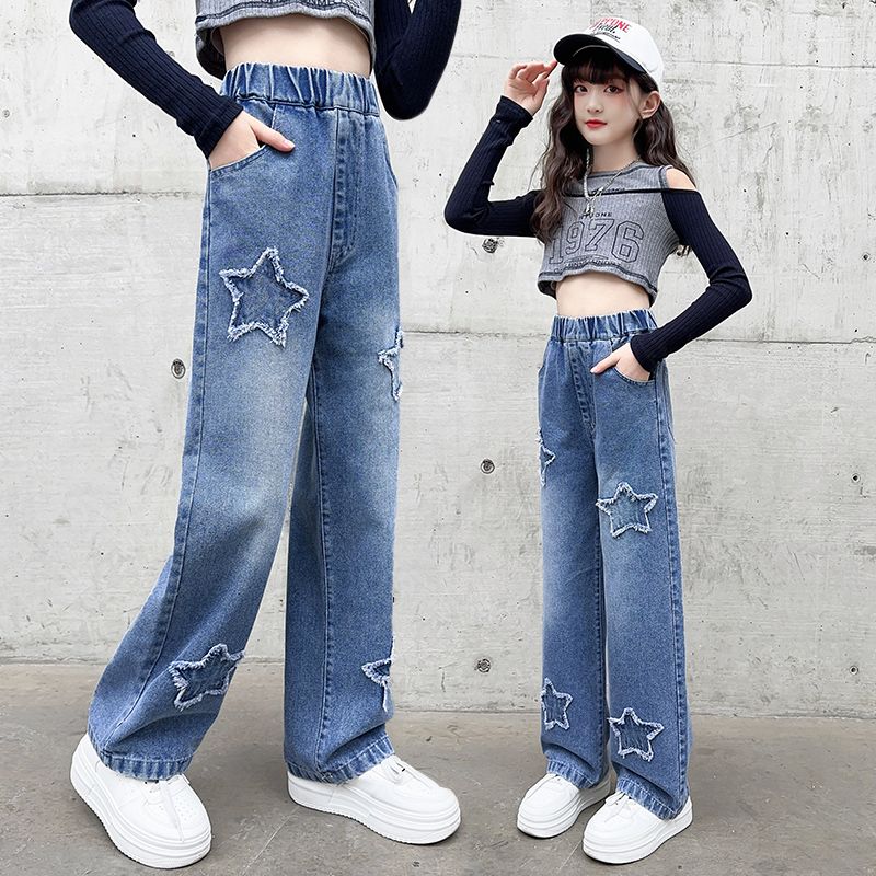 女童褲子新款春秋裝10兒童11中大童12女孩長褲寬鬆牛仔褲闊腿褲潮