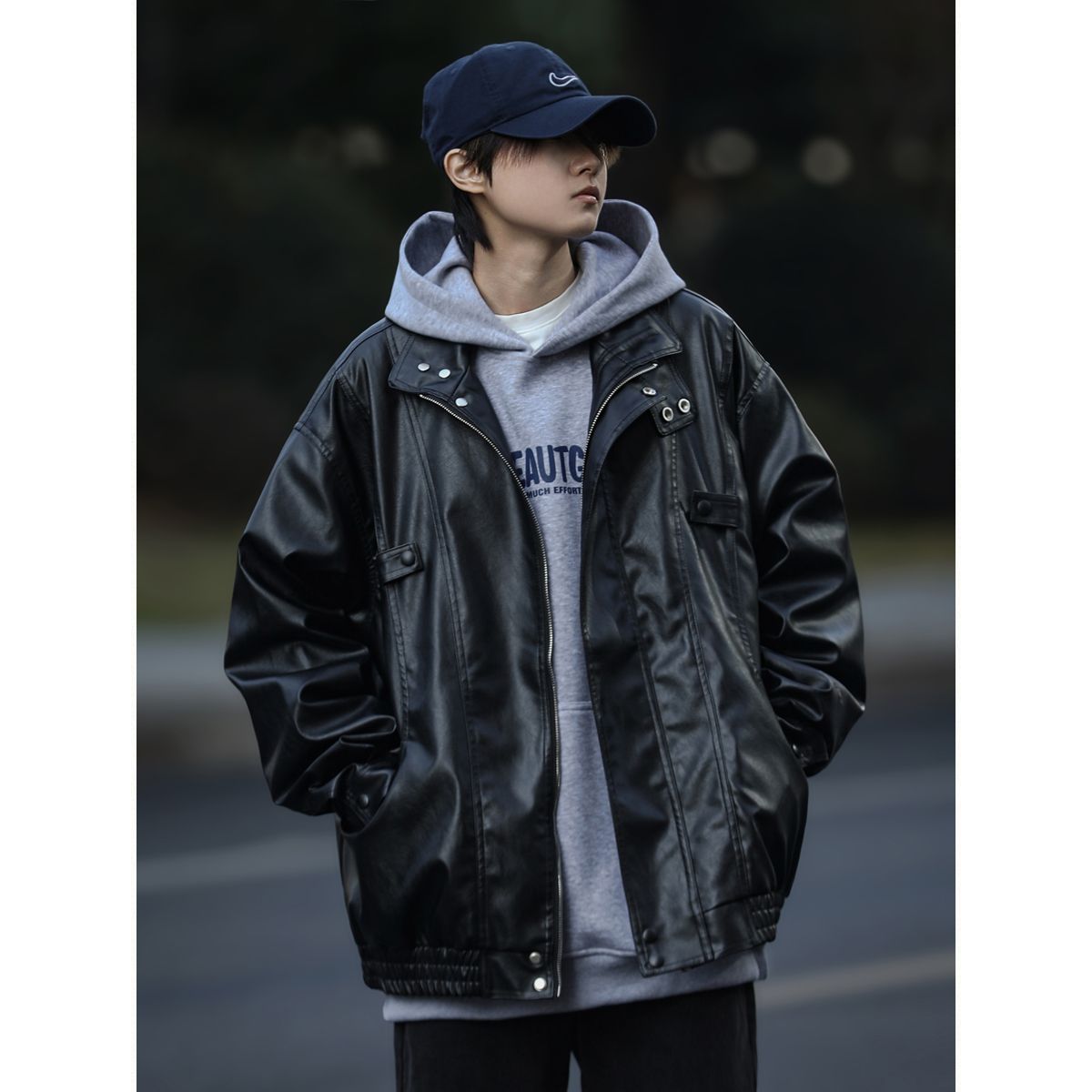 春季美式復古飛行員PU皮衣外套男女痞帥潮流寬鬆機車服立領皮夾克