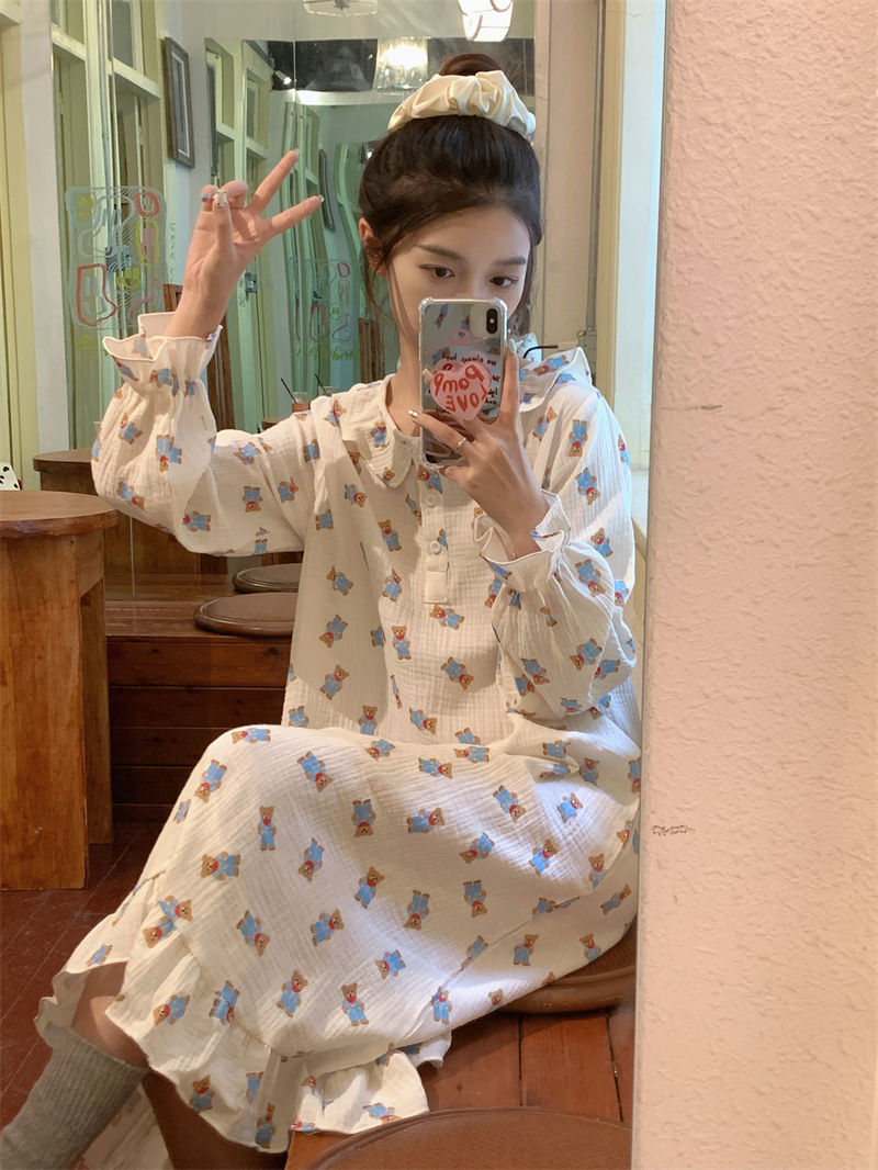 Baby cotton feeling spring and summer long-sleeved nightdress women's loose over-the-knee long skirt summer thin pajamas skirt round neck home service