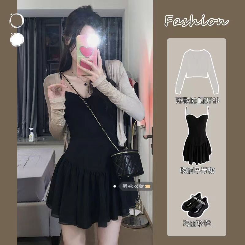 甜辣風百褶邊吊帶連衣裙套裝女春夏薄款防曬衣開衫辣妹收腰短裙子