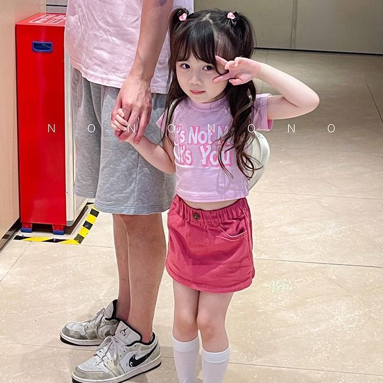 ins夏韩版童装女童T恤短袖纯棉小女孩短裙粉色撞色上衣洋气套装潮
