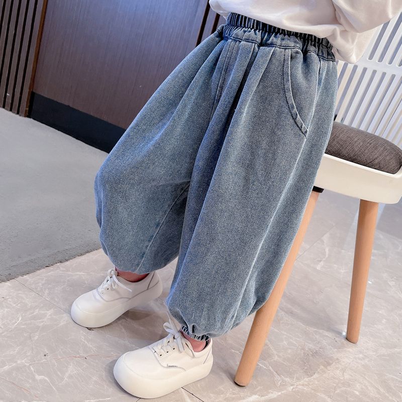 女童牛仔垮褲2023春季新款寶寶洋氣春裝兒童時髦寬鬆褲子休閒長褲