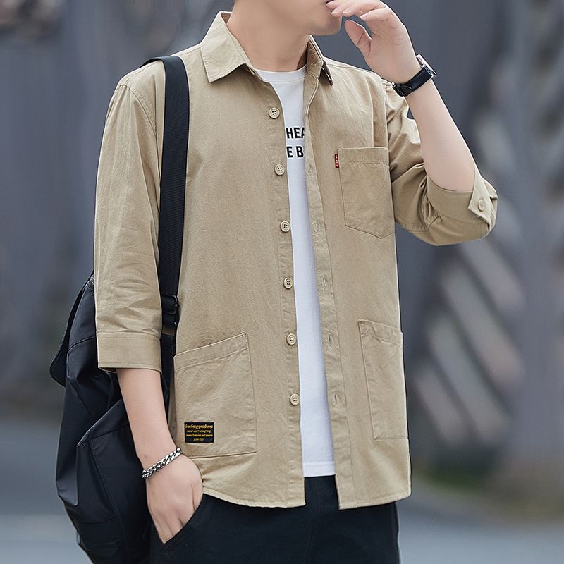 100%纯棉宽松版夏季七分袖衬衫男士港风短袖衬衣韩版工装外套