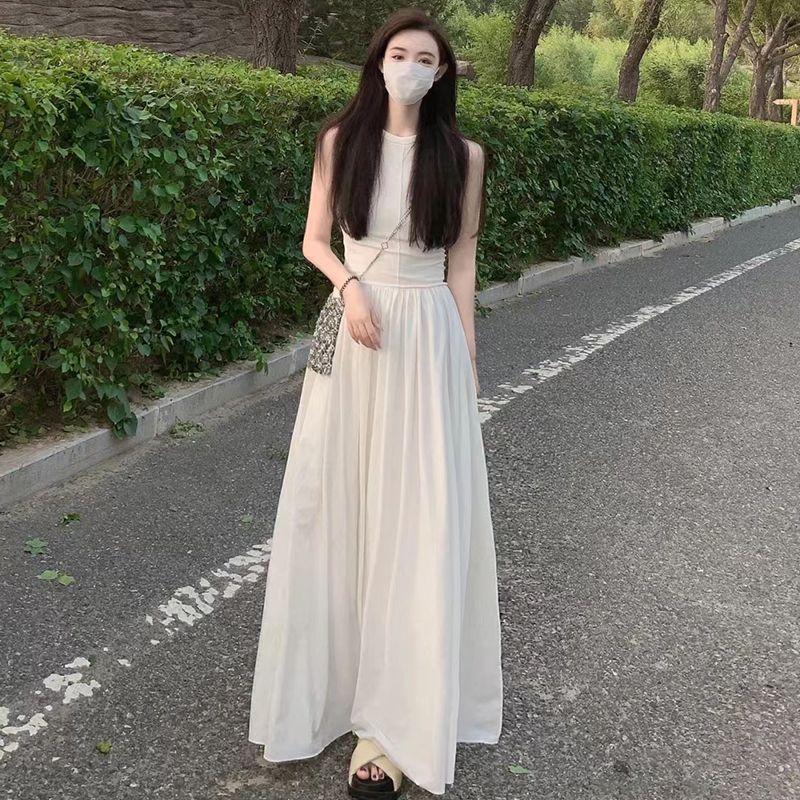 Mori retro waist slimming sleeveless dress female summer super fairy French fairy white vest big swing dress