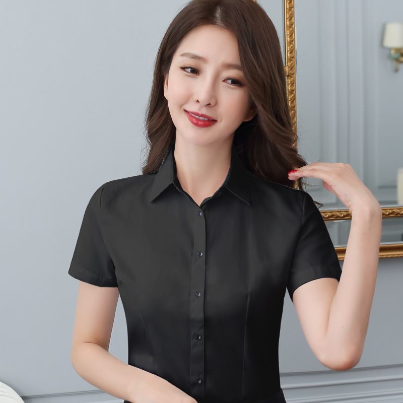 春夏季新款黑色衬衫女长袖韩版工装时尚短半袖衬衣正装气质工作服