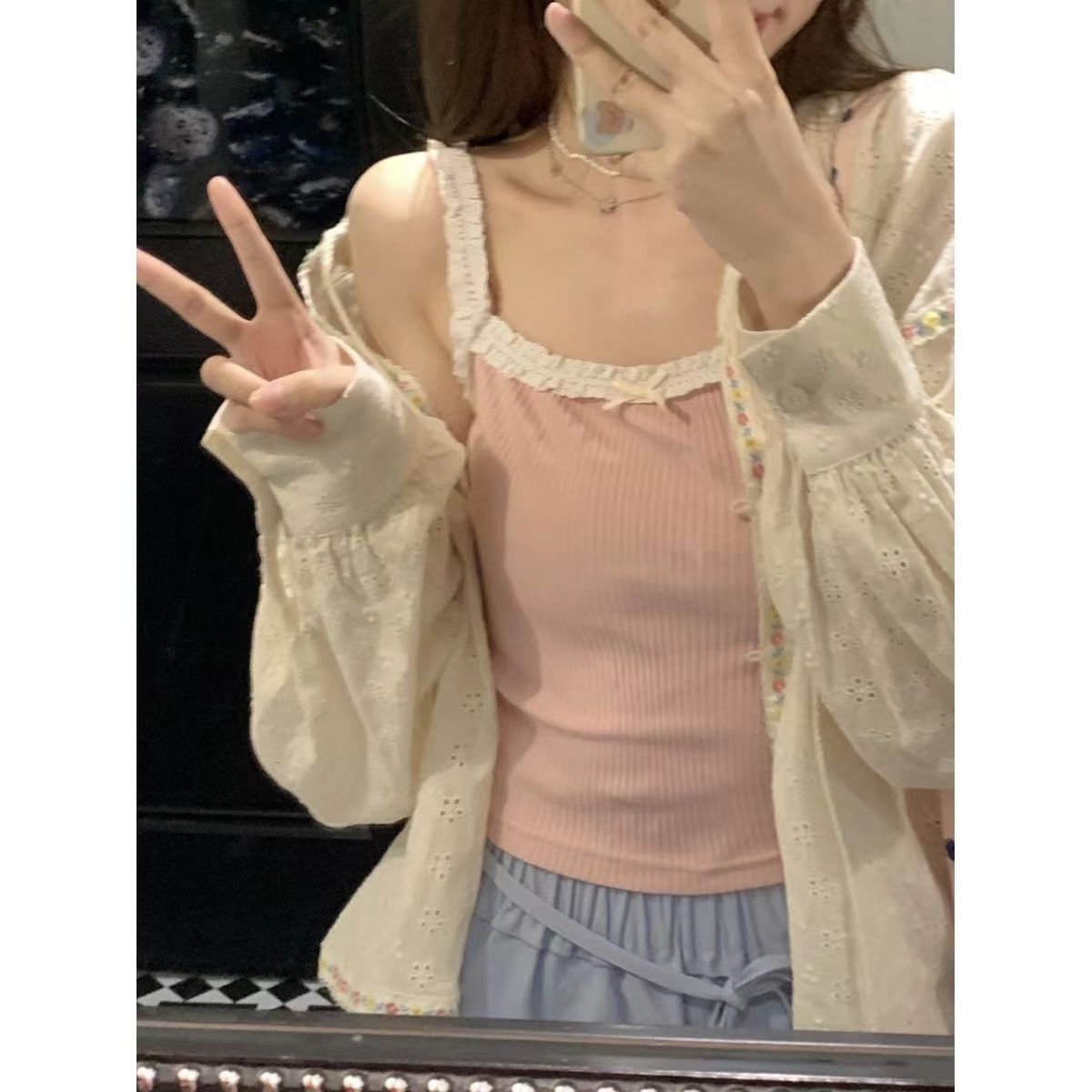 Pure lust girly lace pink camisole women's summer new Japanese sweet and spicy slimming short top
