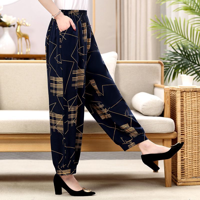 中老年女裤加大码妈妈装2023春夏宽松灯笼裤棉绸松紧腰跳舞裤花裤