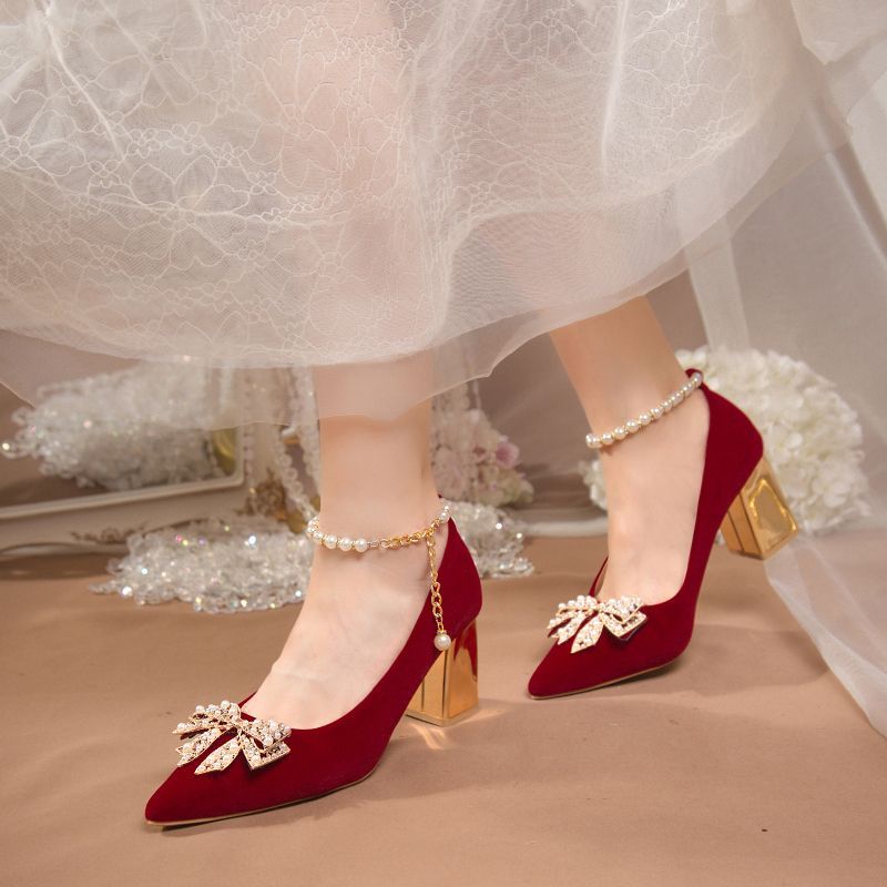 秀禾服结婚鞋新款不累脚婚纱两穿粗跟高跟鞋中式孕妇新娘鞋子