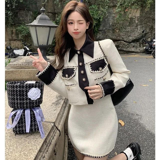 小香風時尚套裝女春季2023新款網紅氣質長袖短外套高腰修身半身裙