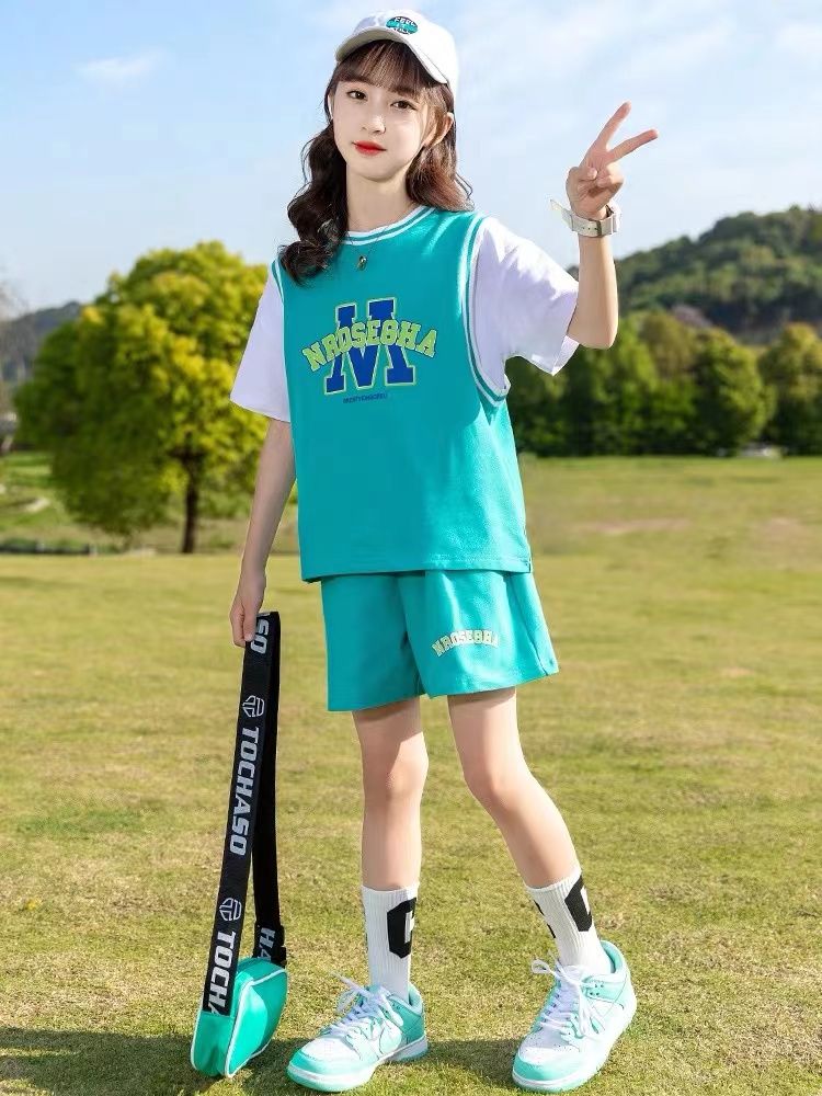 Girls' summer casual suit slimming student summer t-shirt junior high school girl five-point pants sports two-piece suit