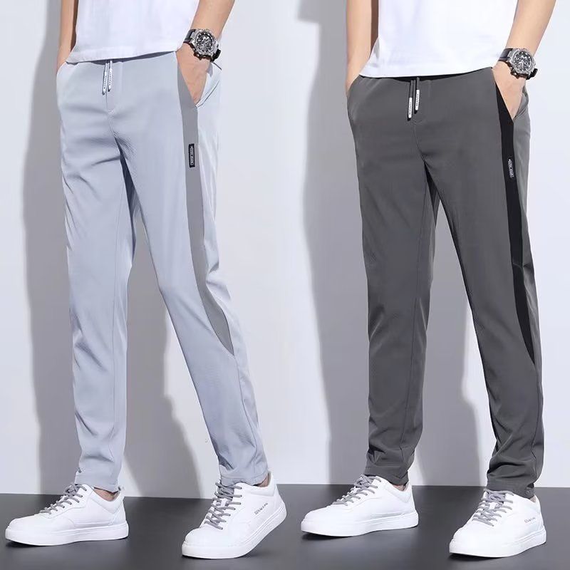 新款冰丝裤子男夏季薄款修身直筒松紧大码速干弹力休闲潮运动长裤
