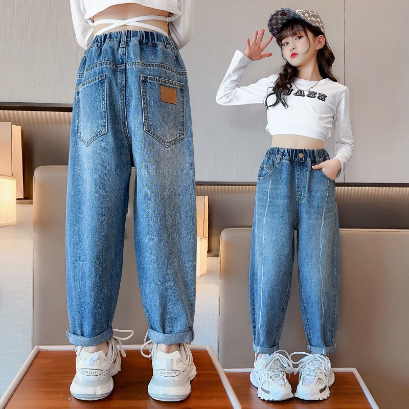 女童牛仔褲春秋2023新款外穿休閒時髦寬鬆春季老爹褲春裝兒童褲子