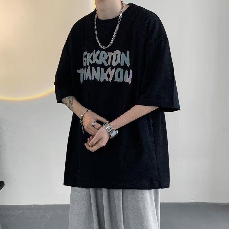 100%純棉短袖t恤男新款港風潮流上衣百搭潮牌五分袖青少年體恤衫