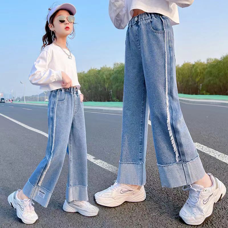 女童闊腿褲春秋洋氣2023新款女孩寬鬆牛仔長褲薄款夏季韓版直筒褲