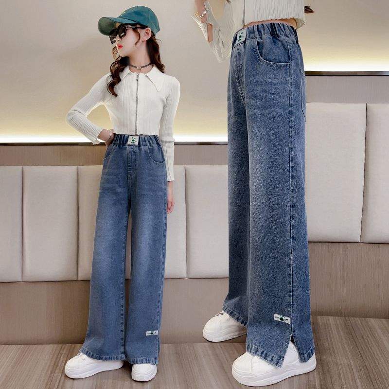 女童褲子春秋洋氣2023新款中大童休閒闊腿寶寶直筒春季兒童牛仔褲