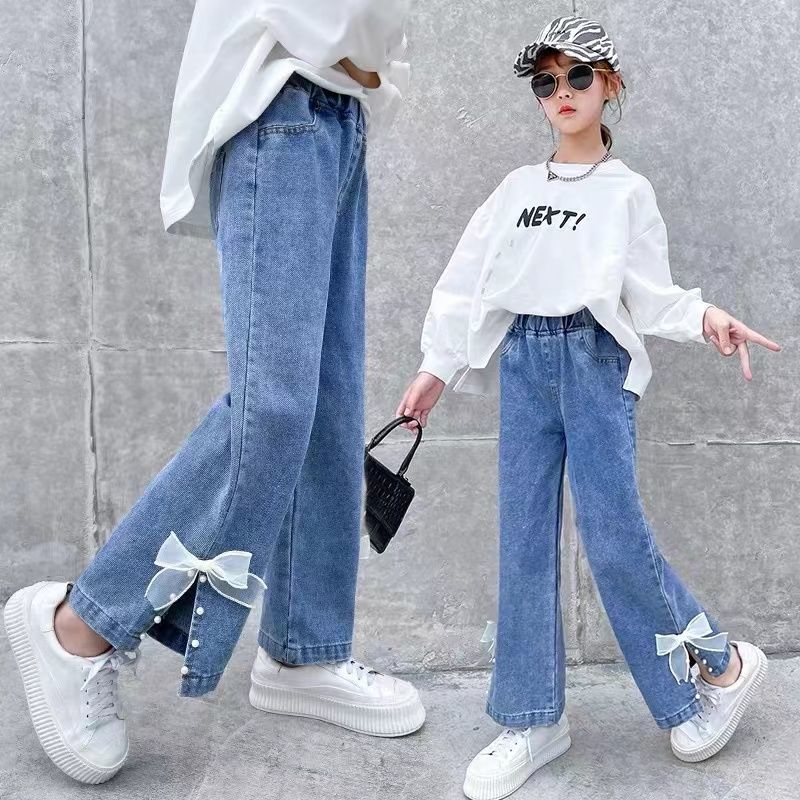 女童褲子春秋寬鬆牛仔褲2023新款女孩韓系喇叭褲中大童百搭闊腿褲