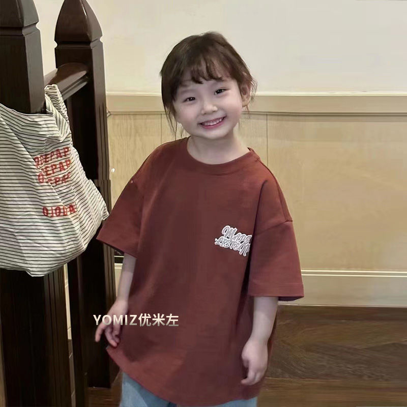 Korean children's clothing girls' short-sleeved loose  spring and summer children's Korean version of Hong Kong style retro style casual T-shirt top tide