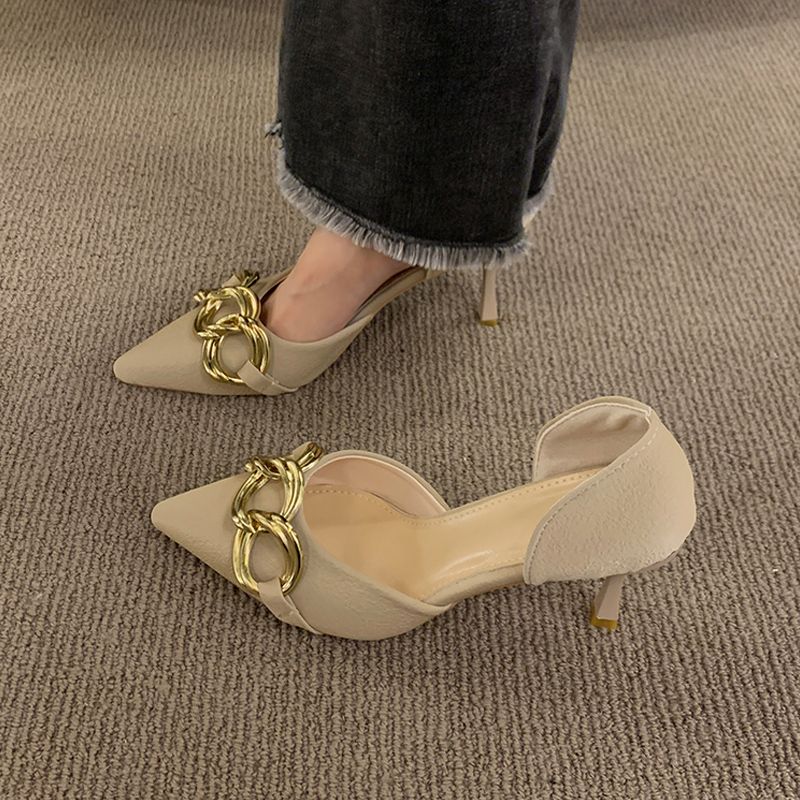 Single shoes women's 2023 new autumn and winter French pointed toe nude color stiletto high heels fashion metal buckle hollow women's shoes