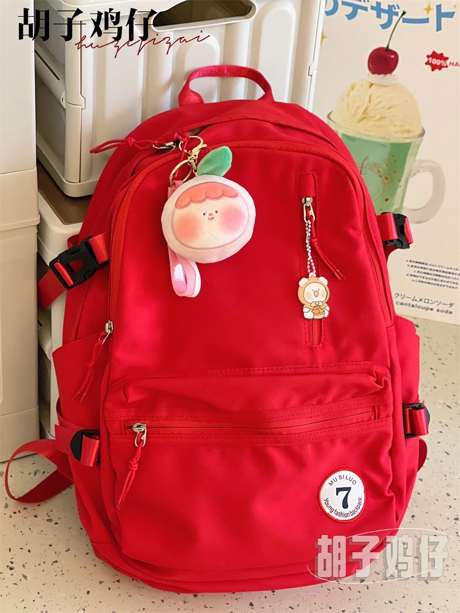 简约百搭大学生红色双肩包女 日系ins风初中高中生书包大容量背包